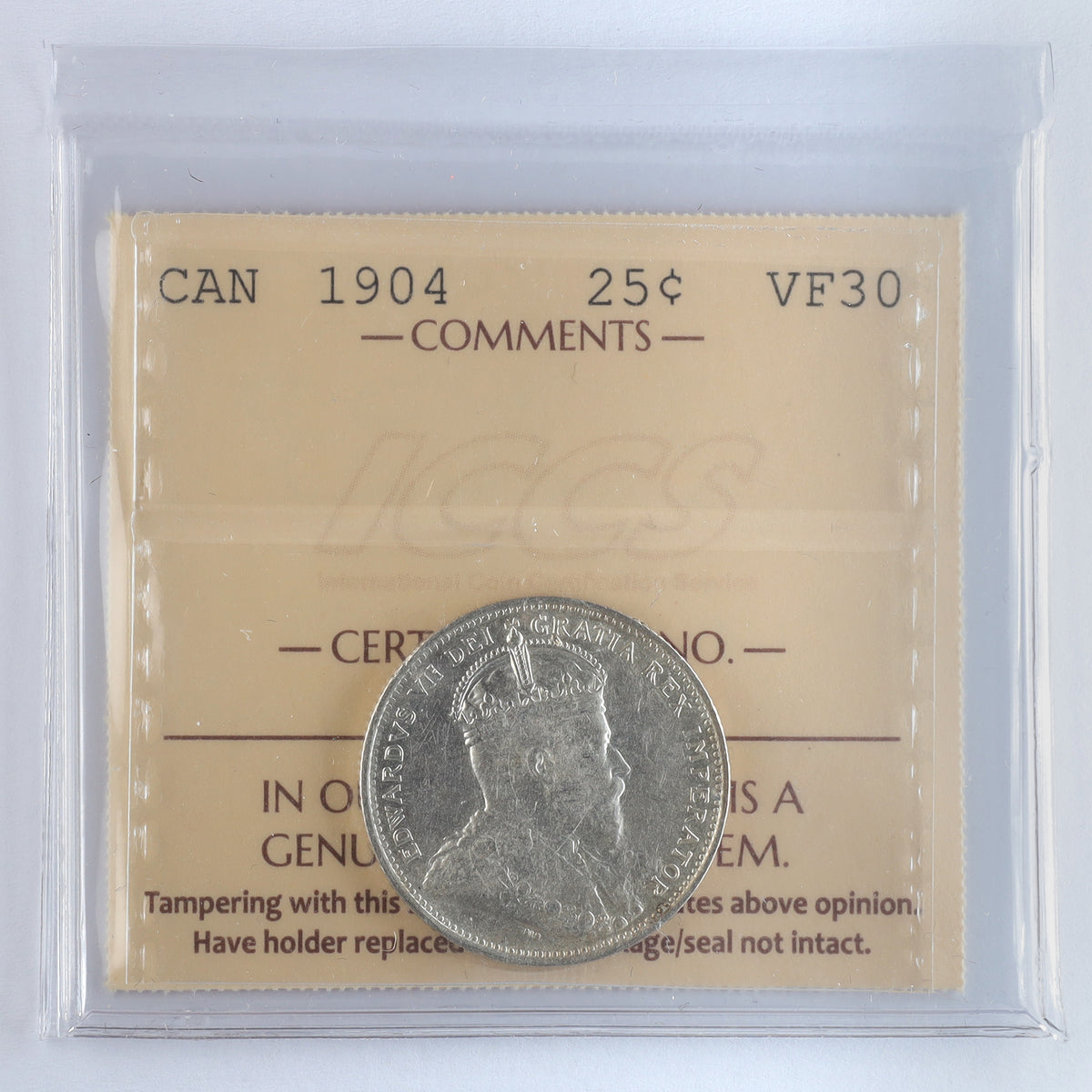 1904 Canada 25-cents ICCS Certified VF30