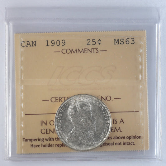 1909 Canada 25-cents ICCS Certified MS63 (XCZ 770)