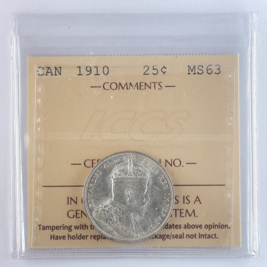 1910 Canada 25-cents ICCS Certified MS63 (XHI 229)