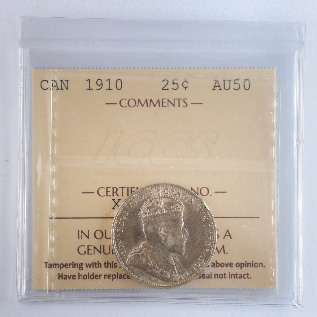 1910 Canada 25-cents ICCS Certified AU50