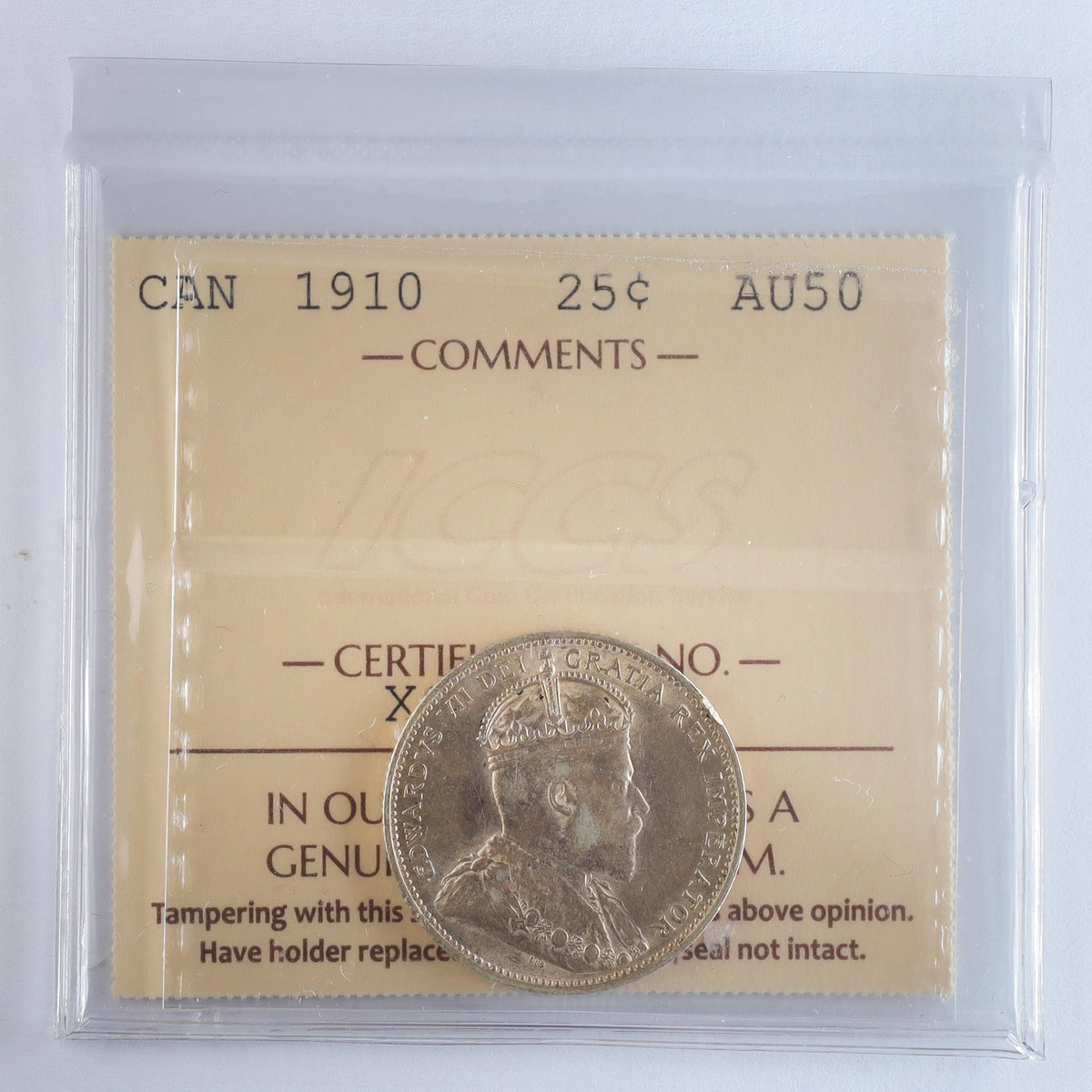 1910 Canada 25-cents ICCS Certified AU50