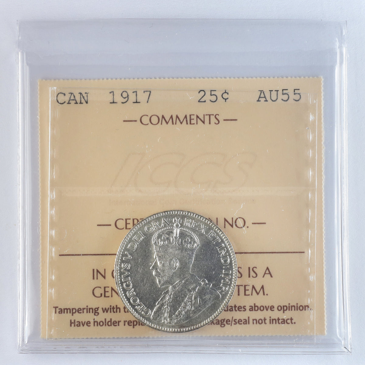 1917 Canada 25-cents ICCS Certified AU55