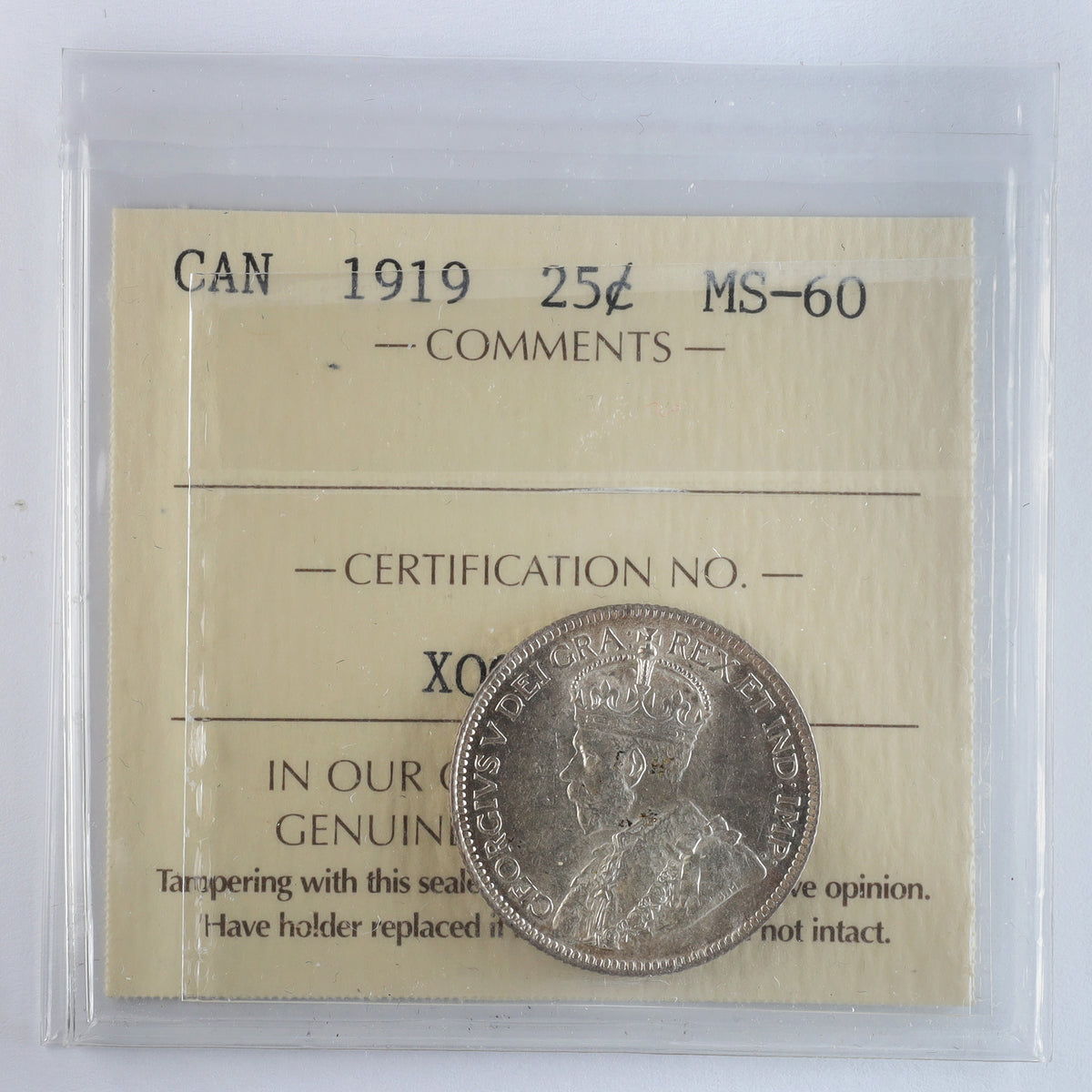 1919 Canada 25-cents ICCS Certified MS60