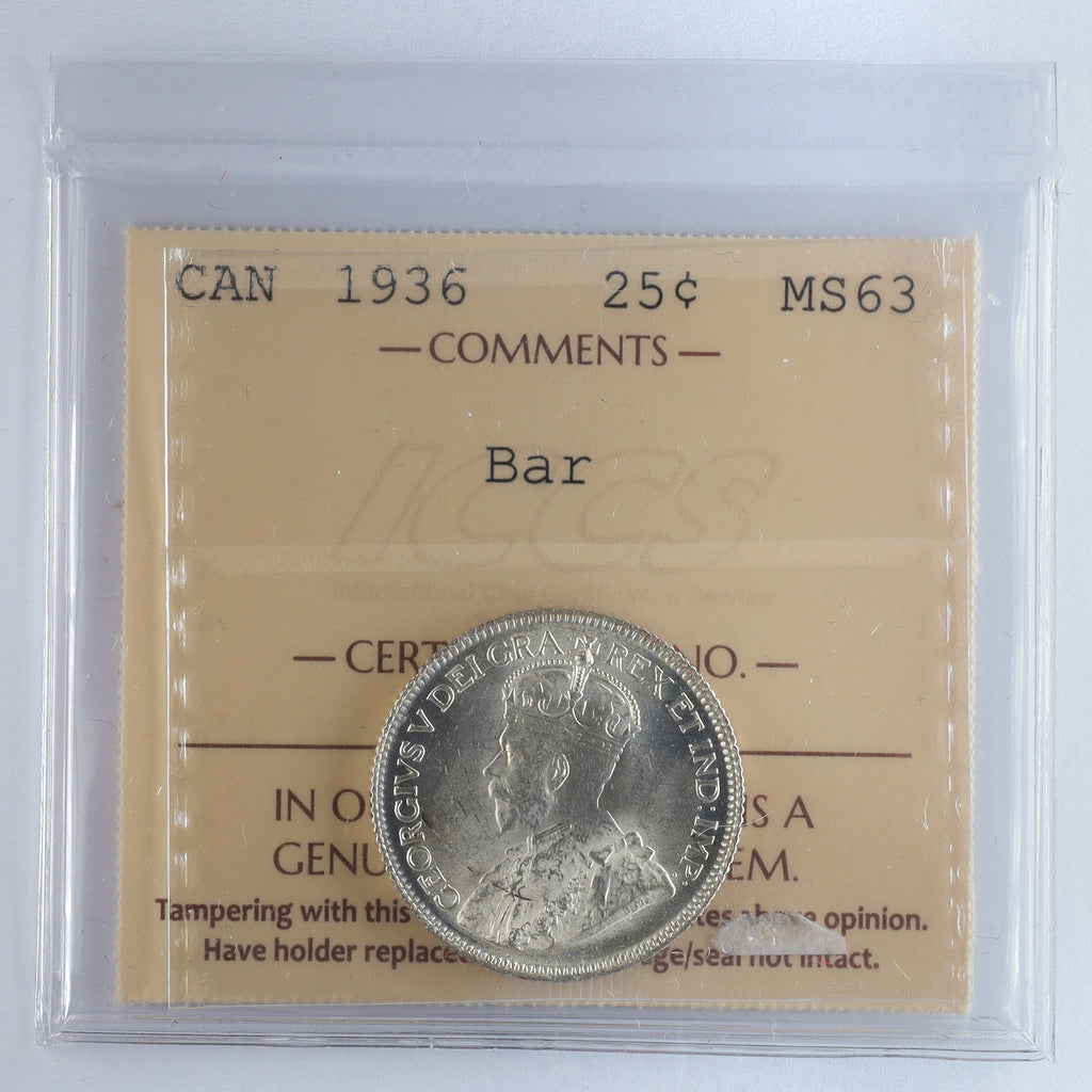 1936 Bar Canada 25-cents ICCS Certified MS63 (XHI 246)