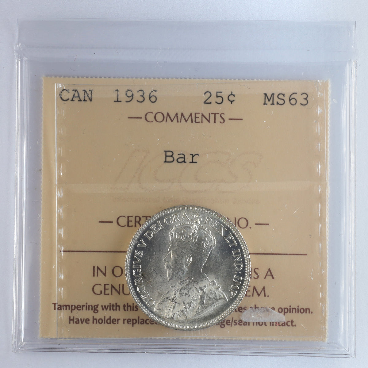 1936 Bar Canada 25-cents ICCS Certified MS63 (XHI 246)