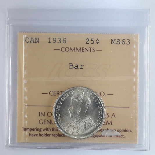 1936 Bar Canada 25-cents ICCS Certified MS63 (XHI 246)