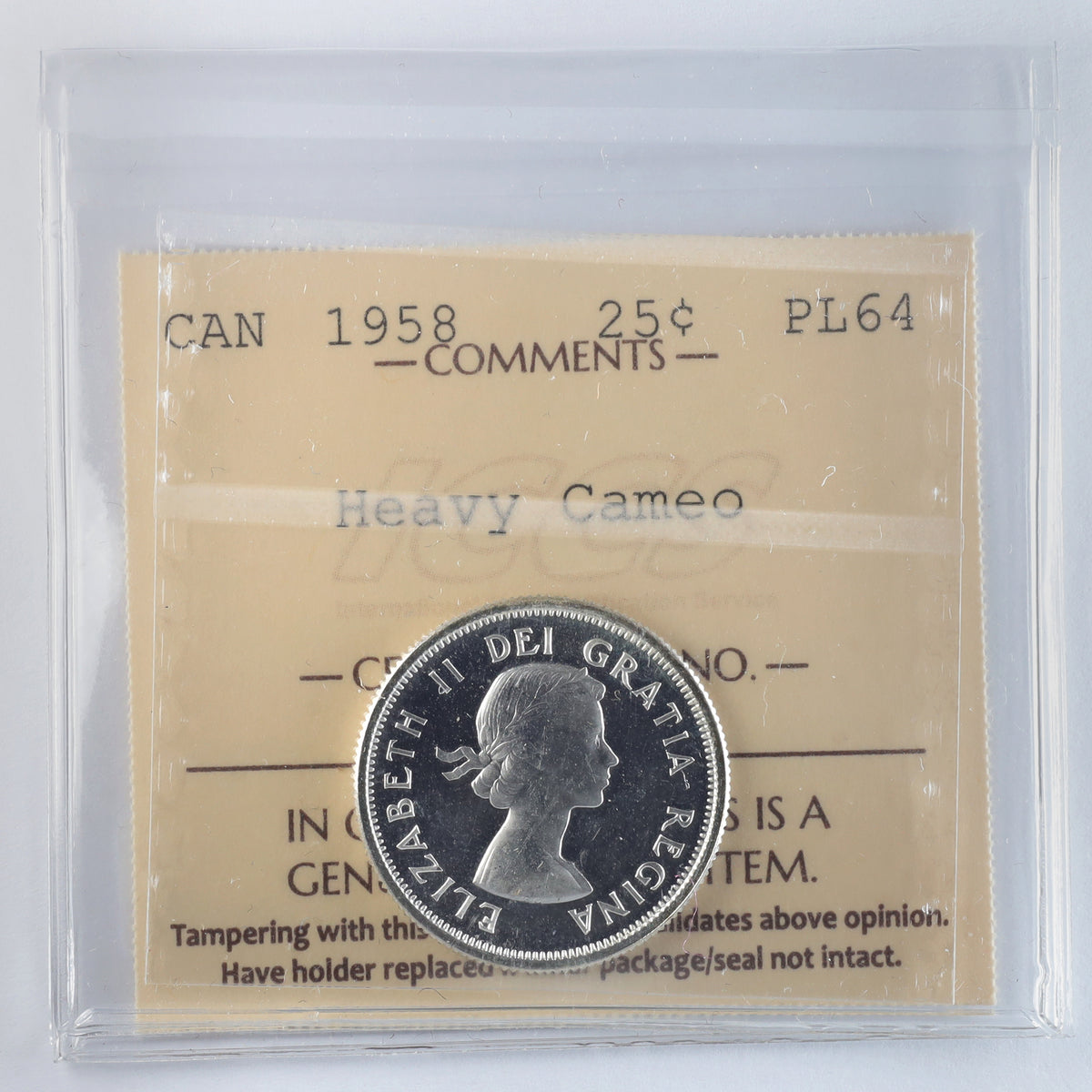 1958 Canada 25-cents ICCS Certified PL64 Heavy Cameo
