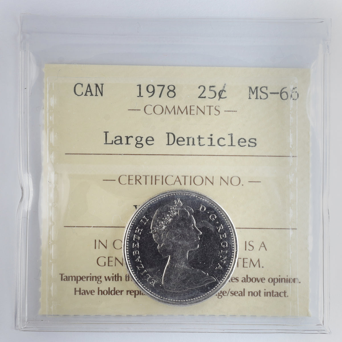 1978 Large Denticles Canada 25-cents ICCS Certified MS66