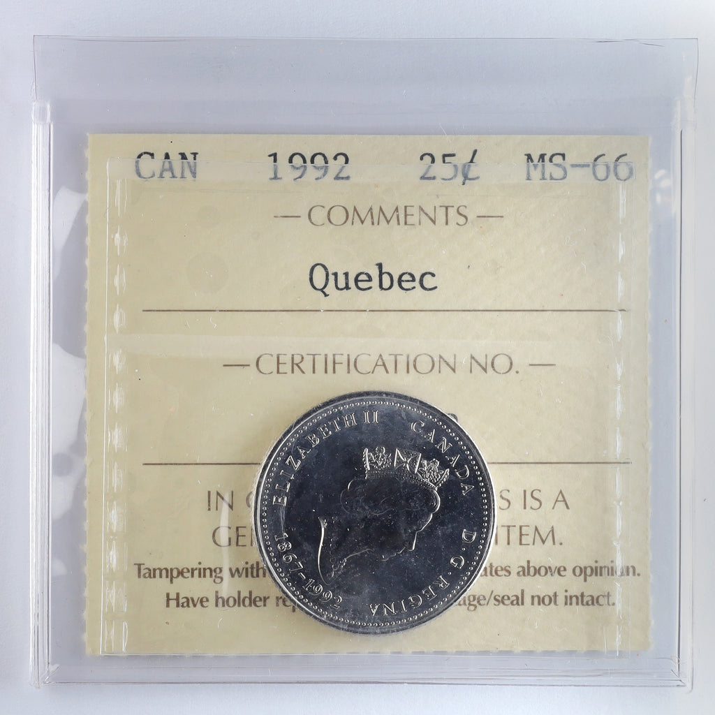 1992 Quebec Canada 25-cents ICCS Certified MS66