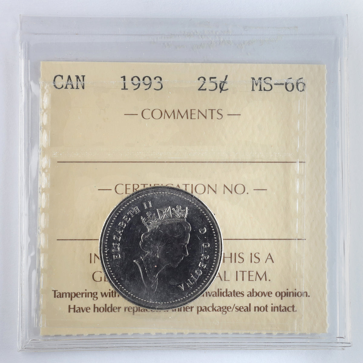 1993 Canada 25-cents ICCS Certified MS66