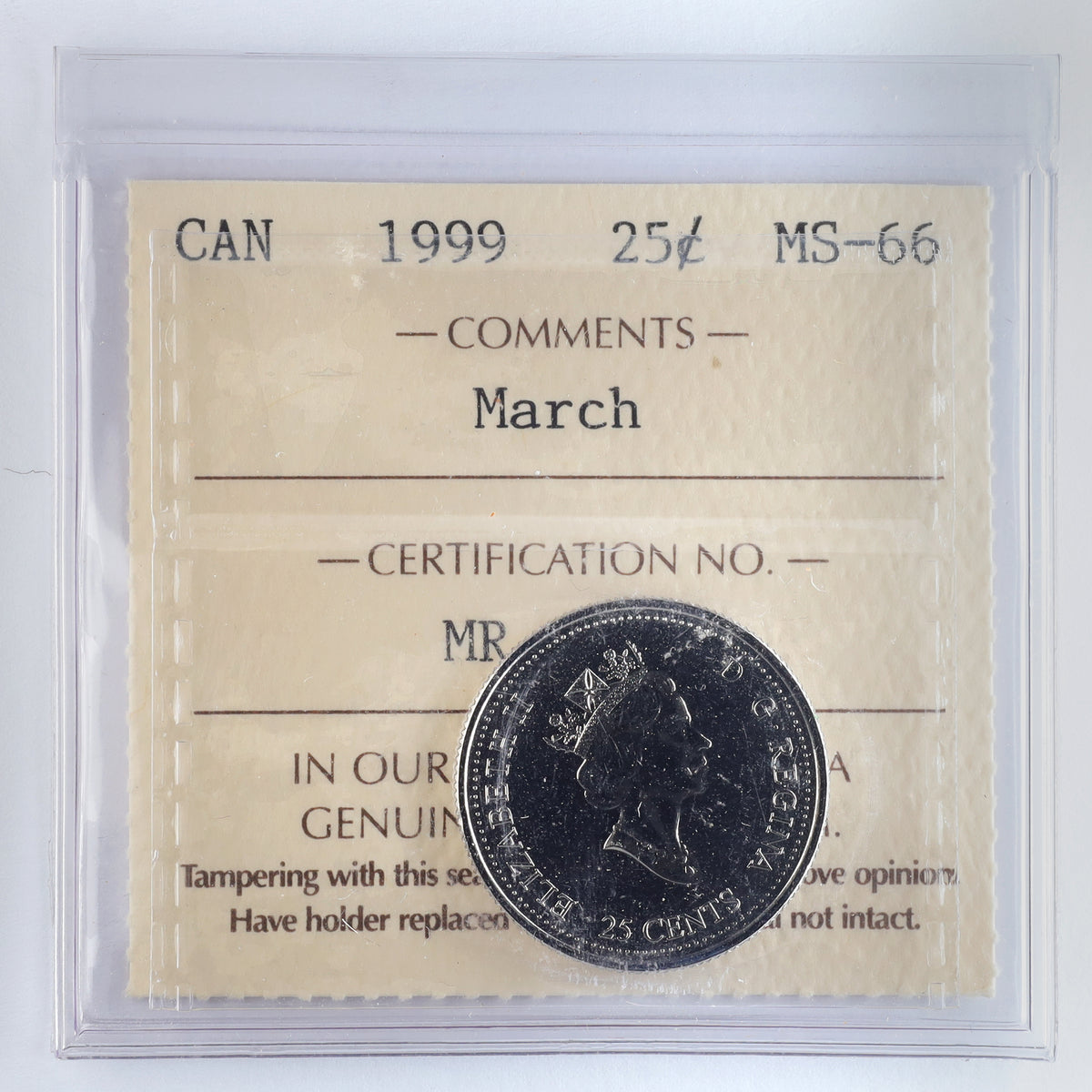 1999 March Canada 25-cents ICCS Certified MS66