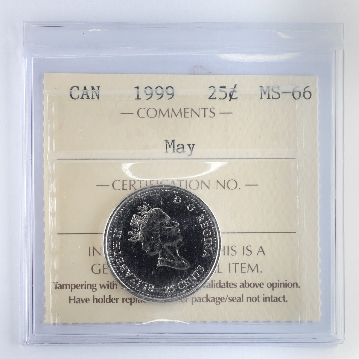 1999 May Canada 25-cents ICCS Certified MS66
