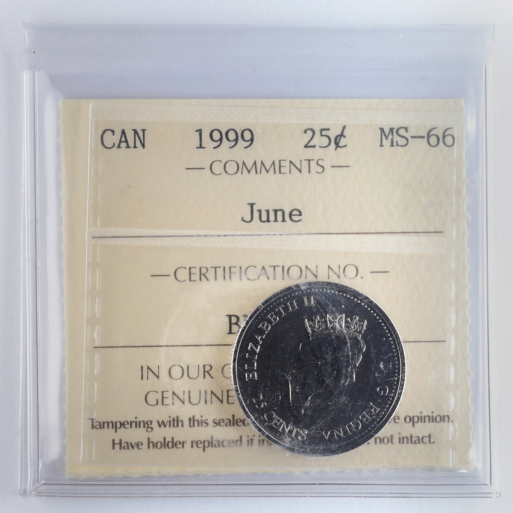 1999 June Canada 25-cents ICCS Certified MS66