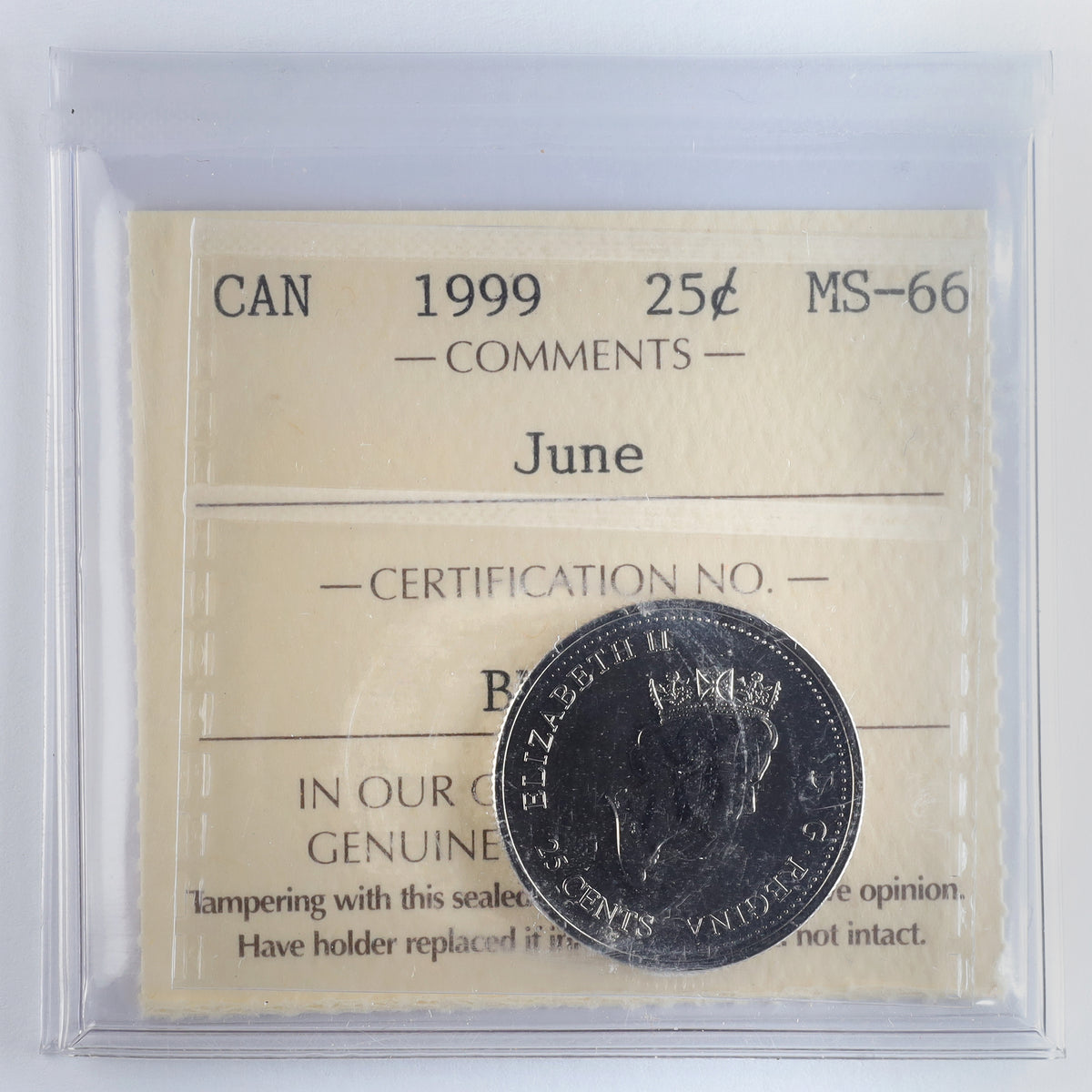 1999 June Canada 25-cents ICCS Certified MS66