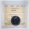 1999 August Canada 25-cents ICCS Certified MS66
