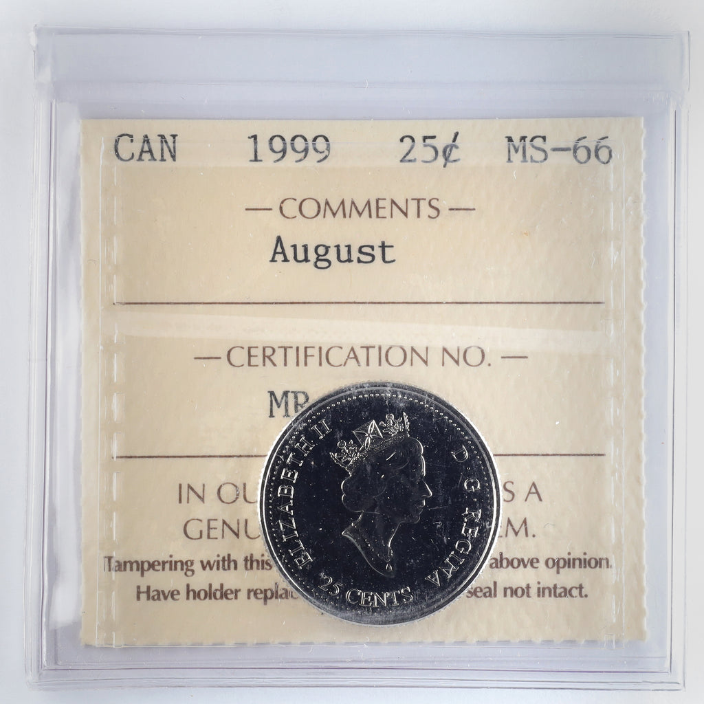 1999 August Canada 25-cents ICCS Certified MS66