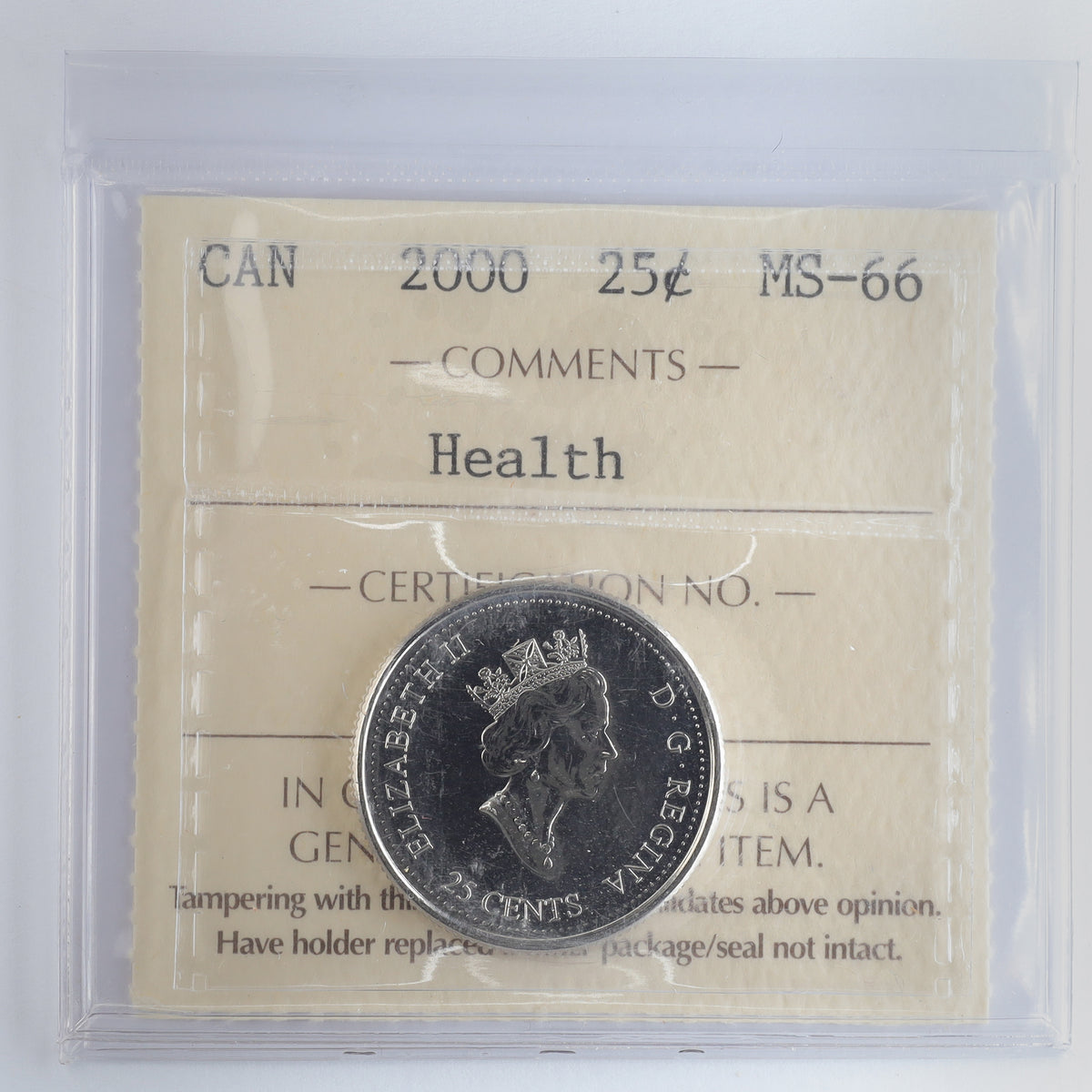 2000 Health Canada 25-cents ICCS Certified MS66