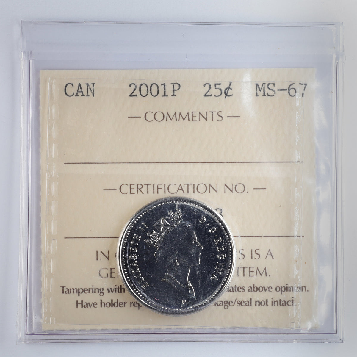 2001P Canada 25-cents ICCS Certified MS67