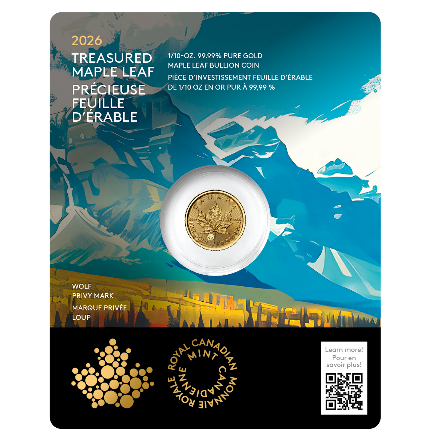 2026 Canada $5 Treasured Gold Maple Leaf: Wolf (Premium Bullion) 99.99% Pure Gold (No Tax)