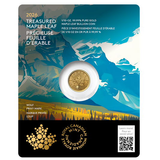 2026 Canada $5 Treasured Gold Maple Leaf: Wolf (Premium Bullion) 99.99% Pure Gold (No Tax)