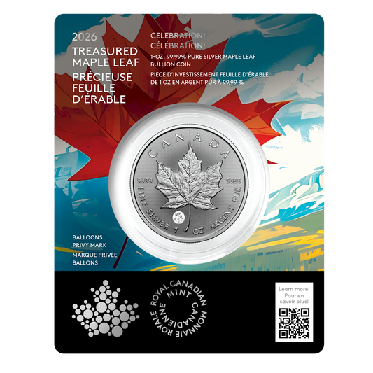 2026 Canada $5 Treasured Silver Maple Leaf: Celebration Privy (Premium Bullion) Pure Silver (No Tax)