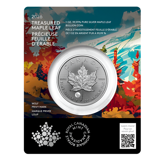 2026 Canada $5 Treasured Silver Maple Leaf: Wolf Privy (Premium Bullion) Pure Silver (No Tax)