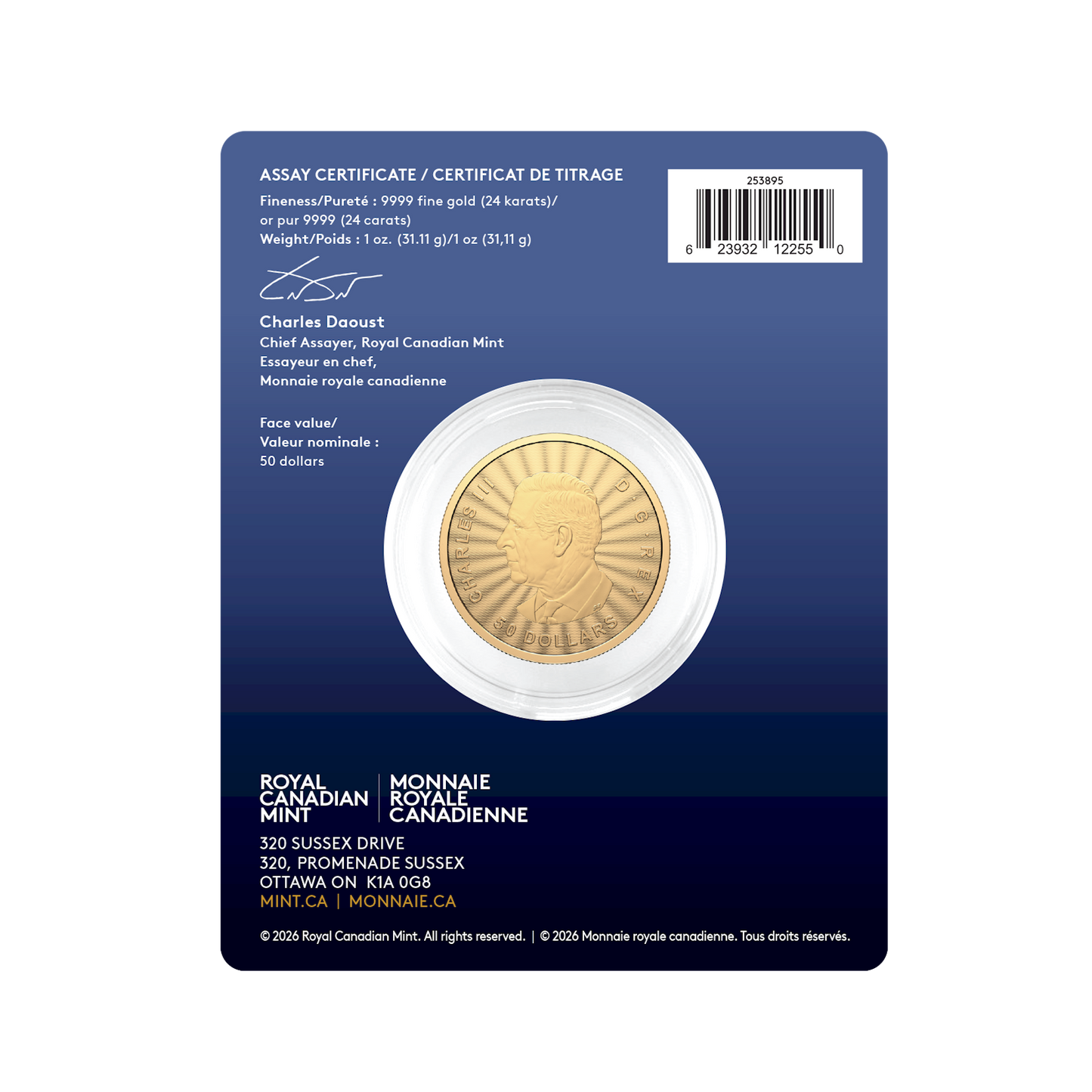 2026 Canada $50 Premium Bullion: The Majestic Wolf 1oz. Pure Gold Coin (No Tax)