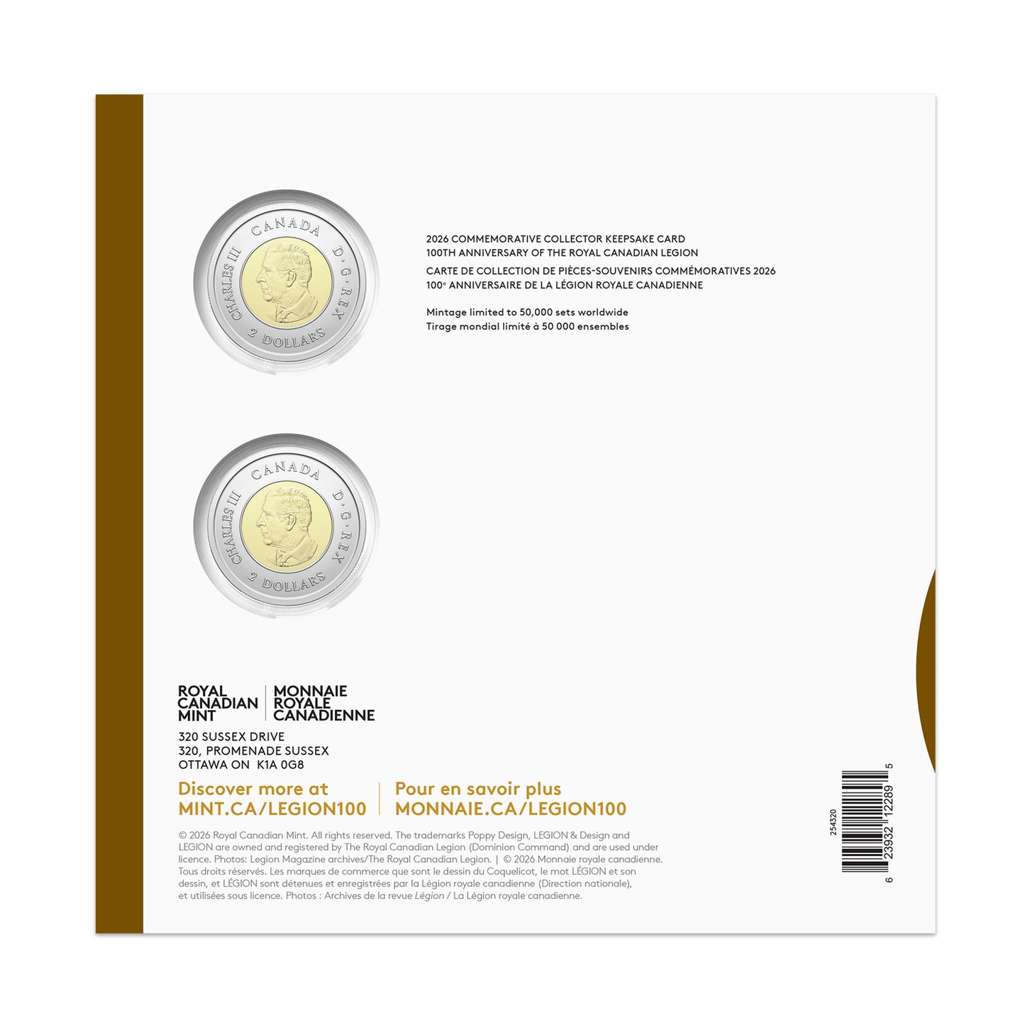 Pre-Order 2026 100th Anniversary of the Royal Canadian Legion Commemorative Collector Keepsake Card