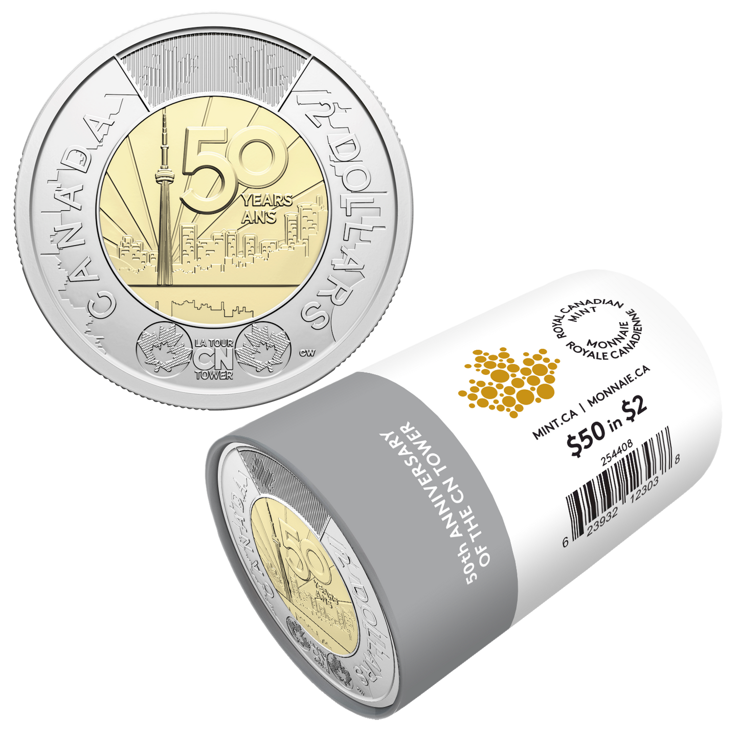 2026 Canada $2 Uncoloured 50th Anniversary of the CN Tower Special Wrap Roll of 25pcs