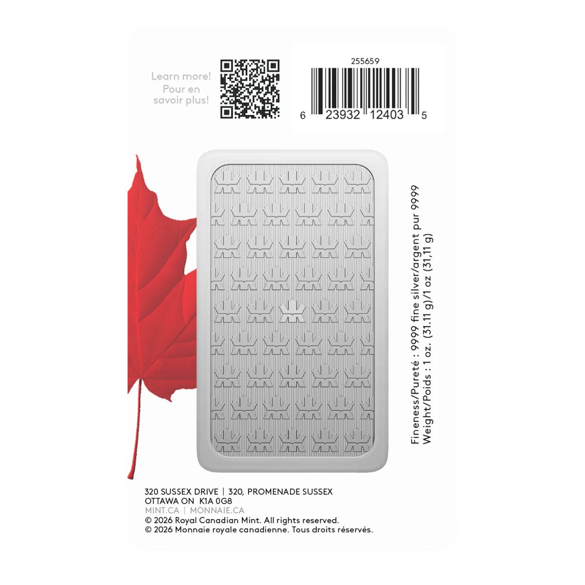 (Pre-Order) 2026 Premium Bullion: 1oz. 99.99% Pure Silver Bar in Proudly Canadian Packaging (No Tax)