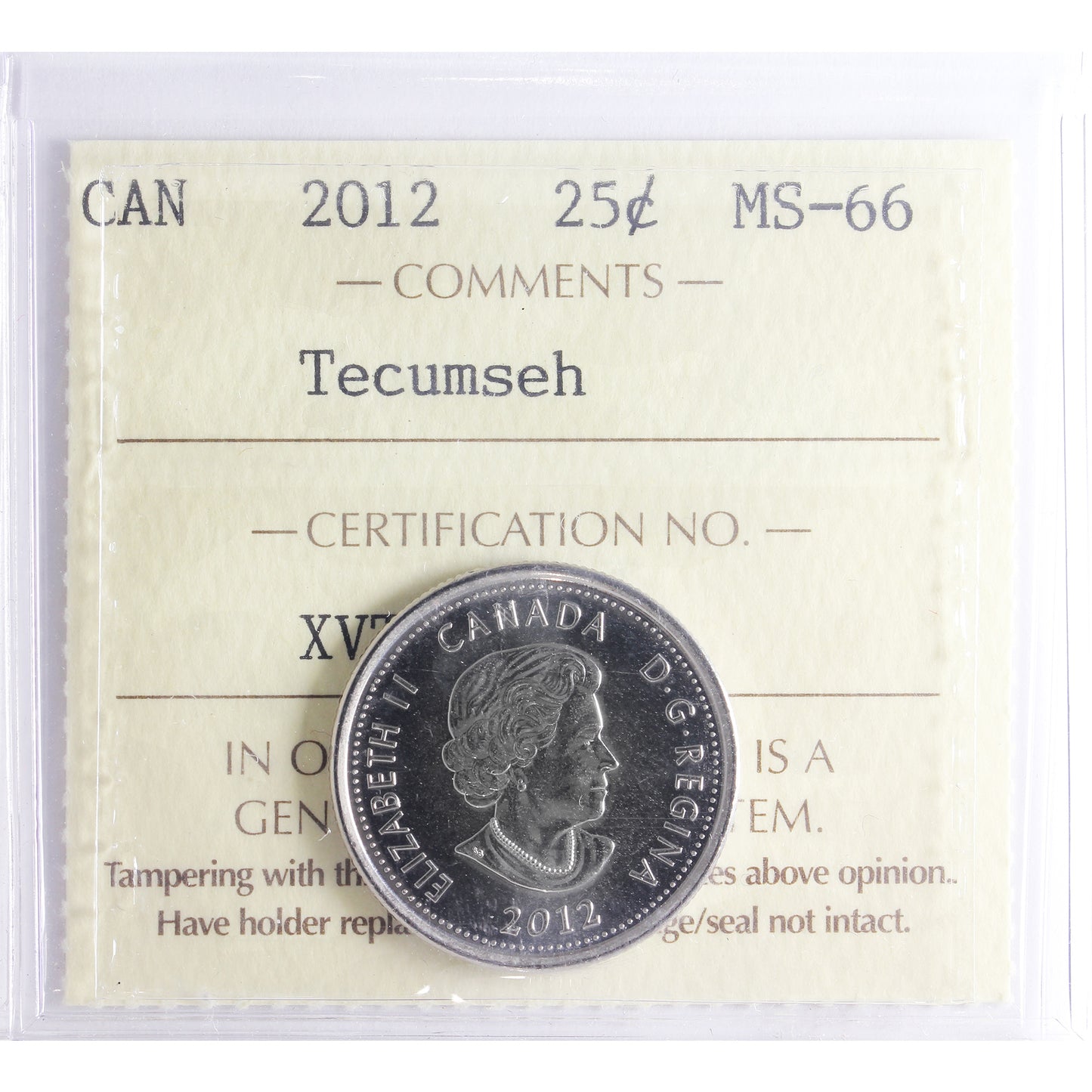 2012 Tecumseh Canada 25-cents ICCS Certified MS66
