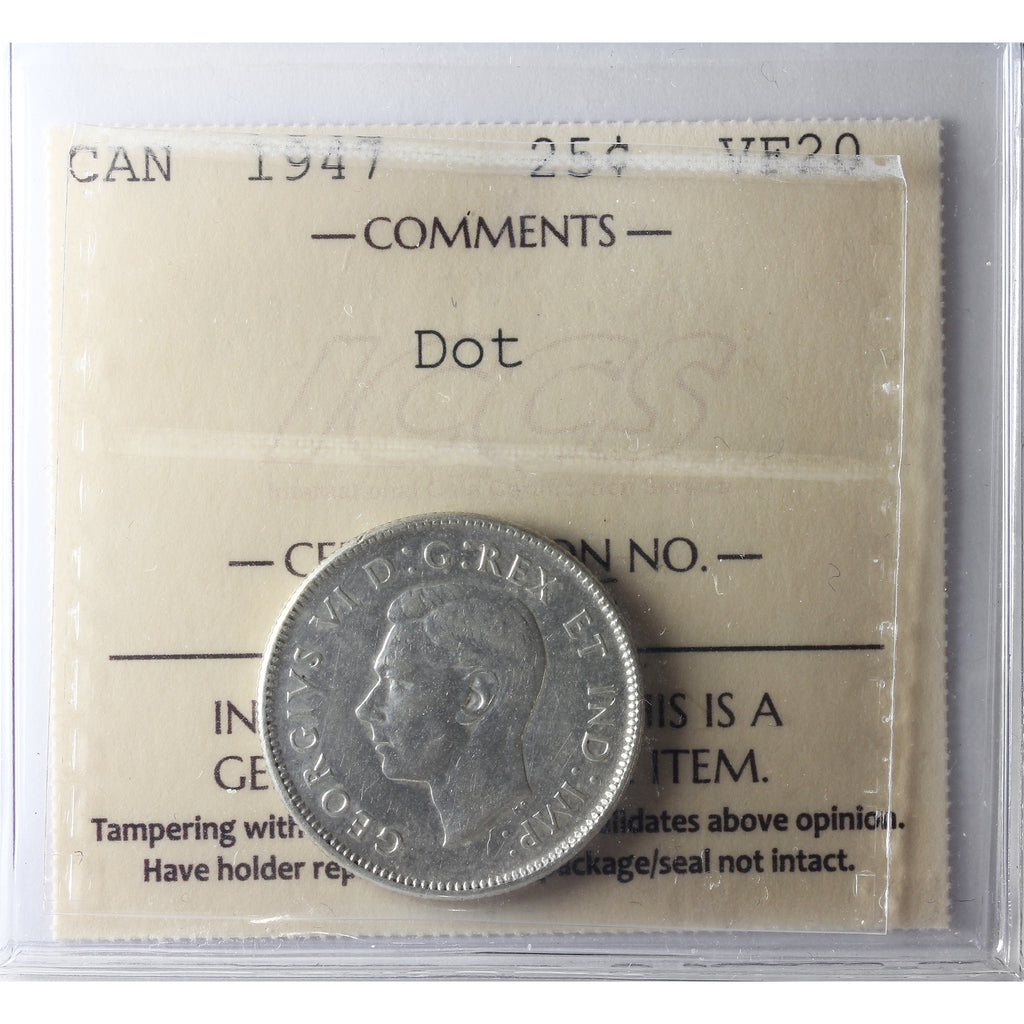 1947 Dot Canada 25-cents ICCS Certified VF20