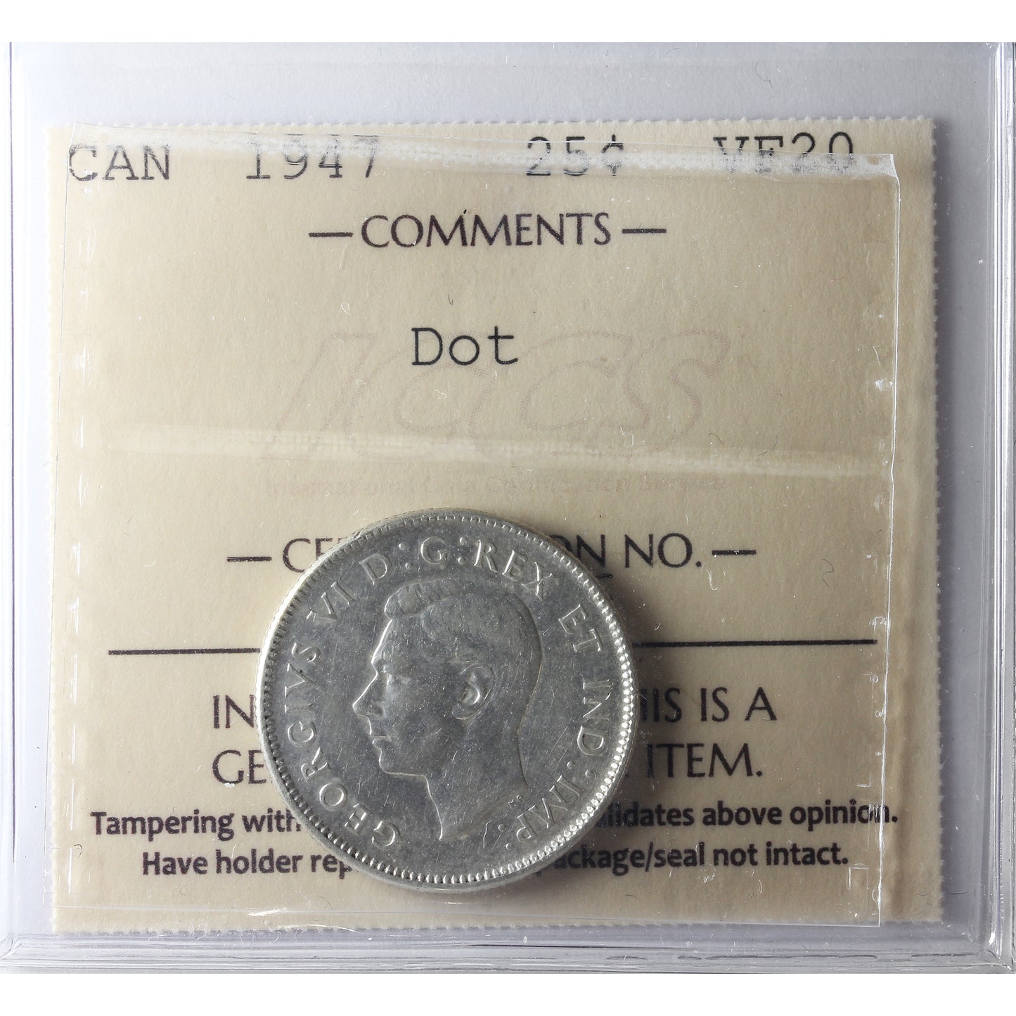 1947 Dot Canada 25-cents ICCS Certified VF20