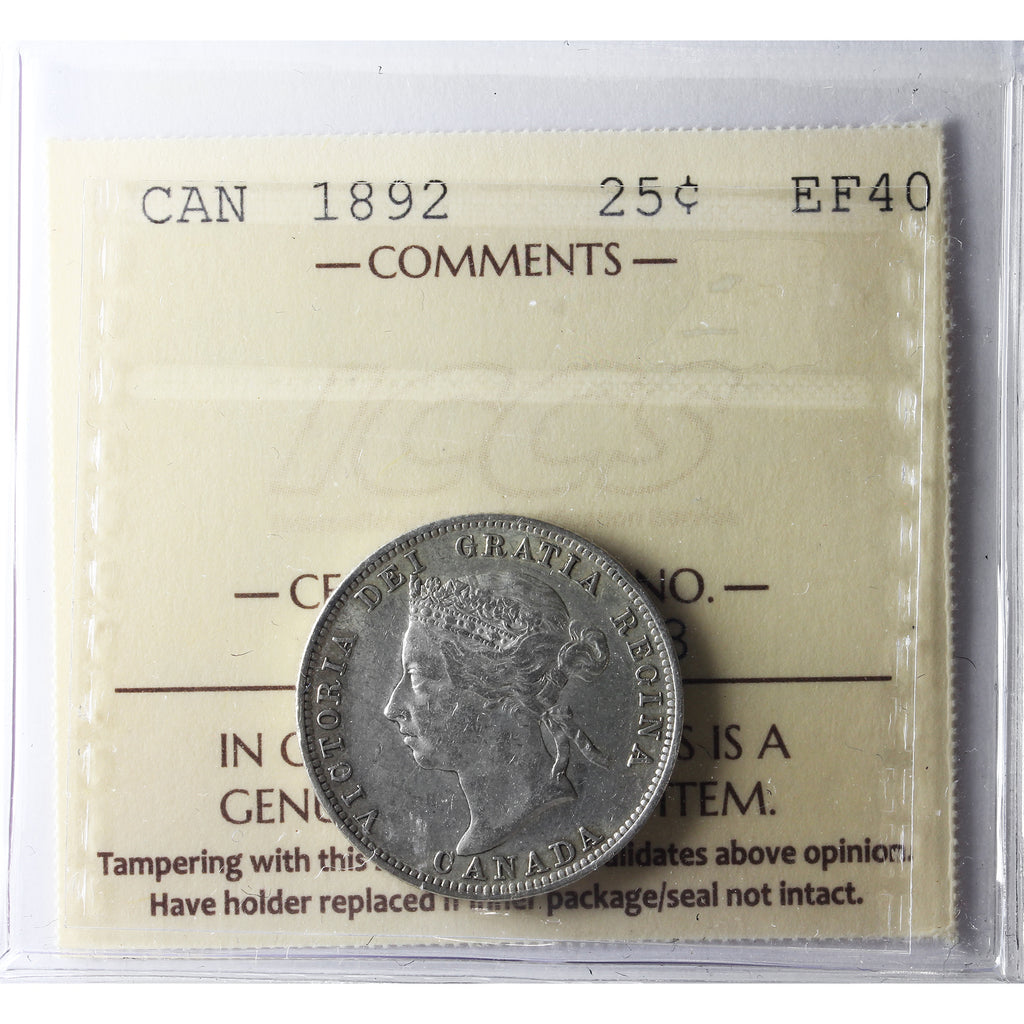 1892 Canada 25-cents ICCS Certified EF-40