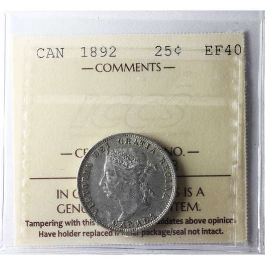 1892 Canada 25-cents ICCS Certified EF-40