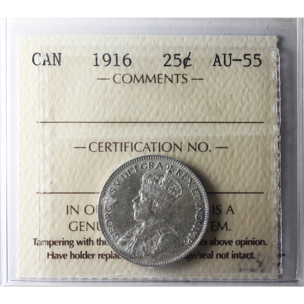 1916 Canada 25-cents ICCS Certified AU55