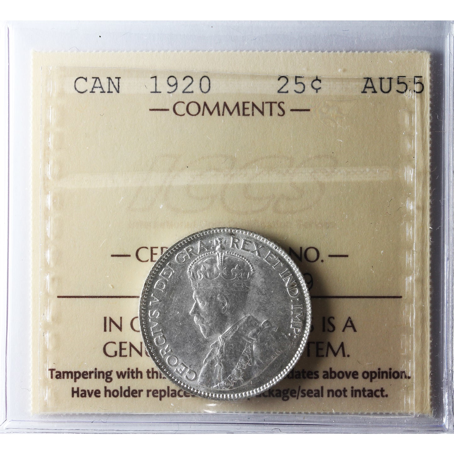1920 Canada 25-cents ICCS Certified AU55