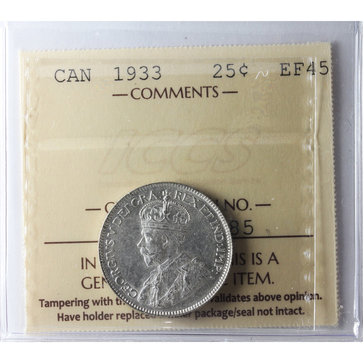 1933 Canada 25-cents ICCS Certified EF45