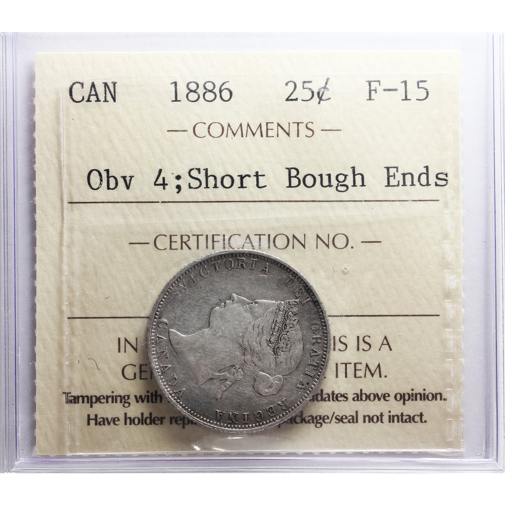 1886 Short Bough Ends, Obv. 4 Canada 25-cents ICCS Certified F15