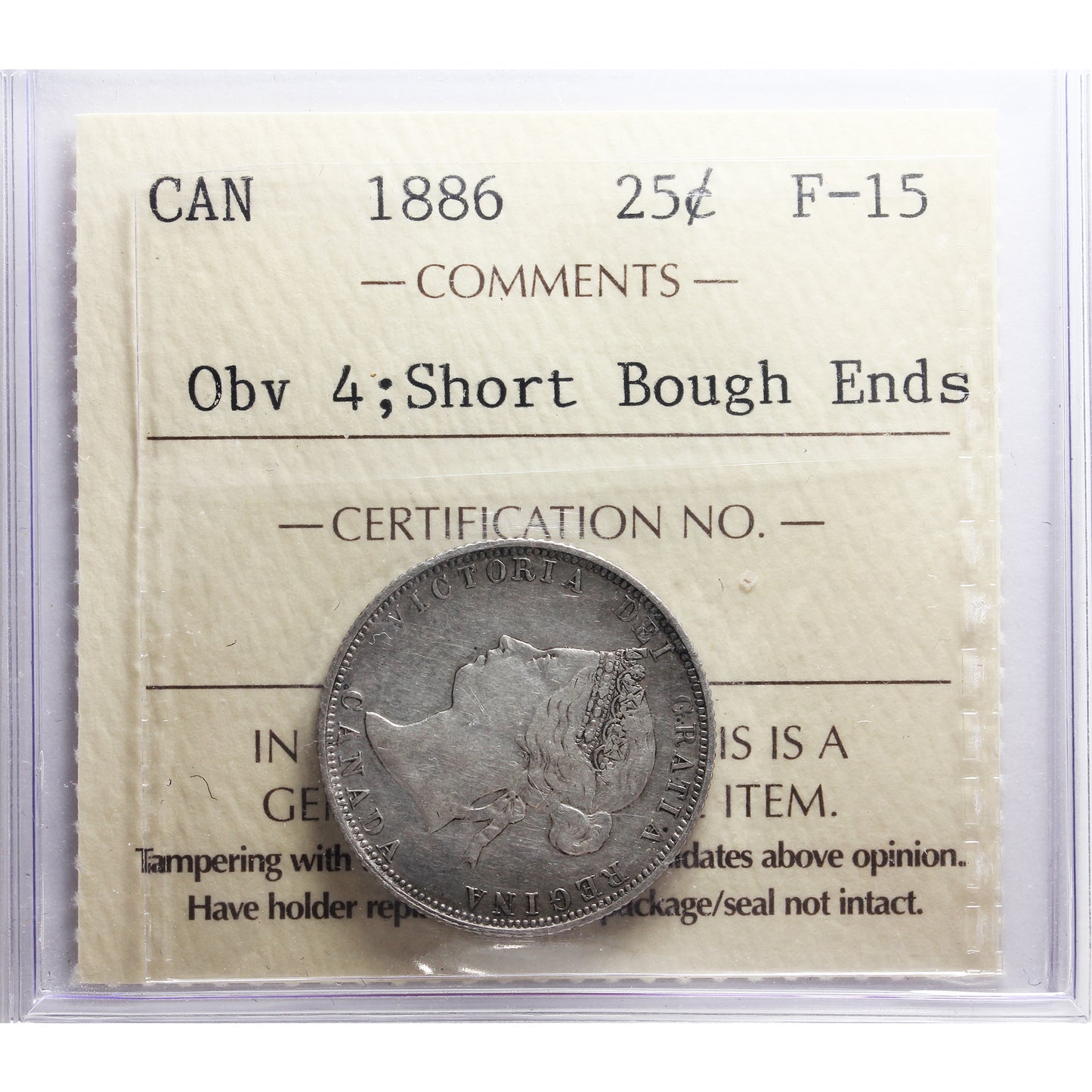 1886 Short Bough Ends, Obv. 4 Canada 25-cents ICCS Certified F15