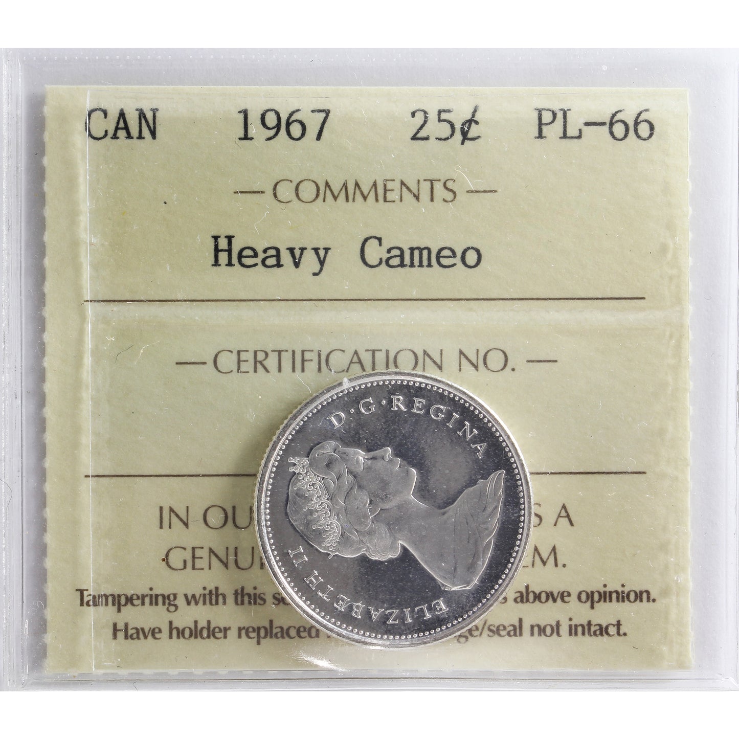 1967 Canada 25-cents ICCS Certified PL66 Heavy Cameo