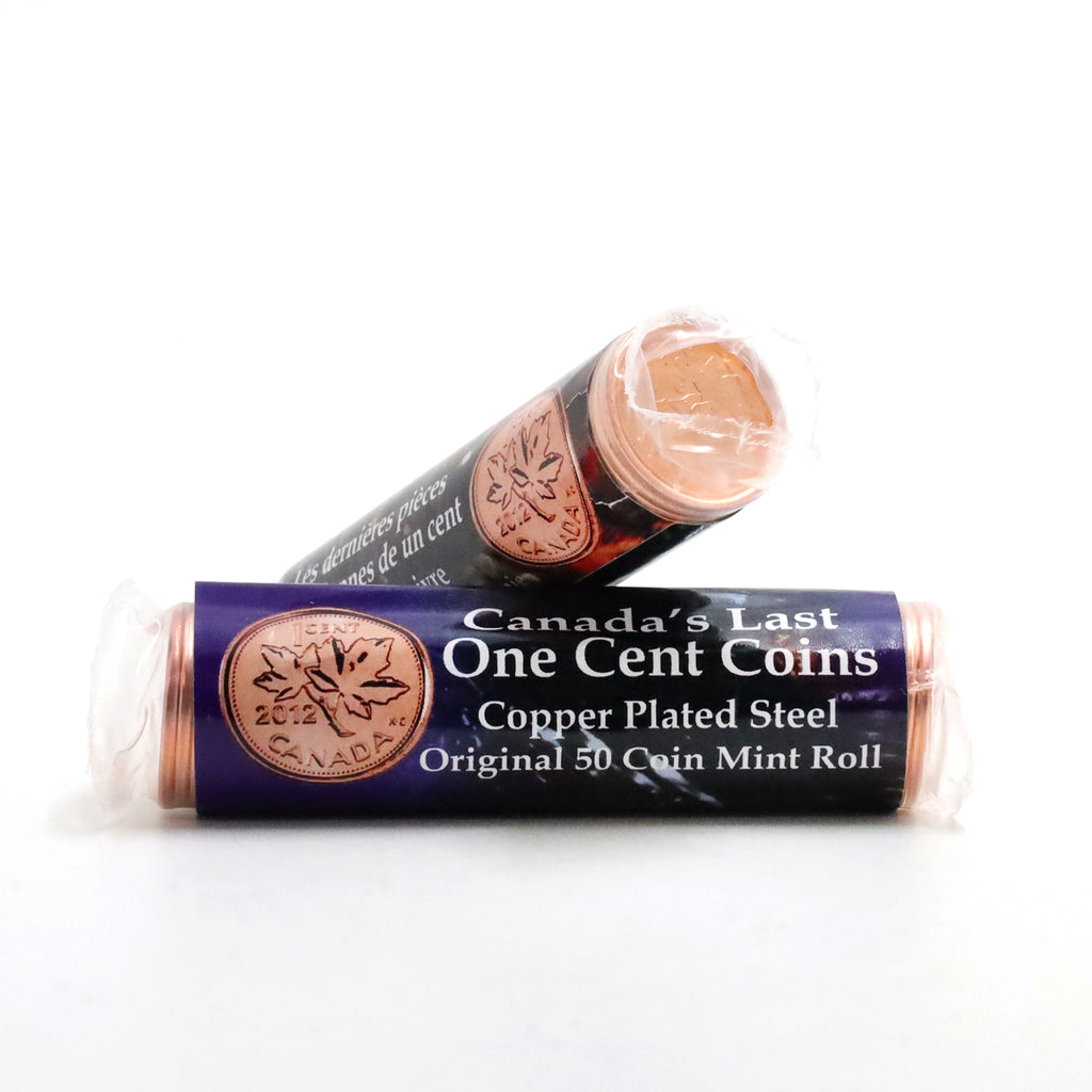 Pair of 2012 Canada's Last 1-cent Plated Steel & Zinc Rolls of 50Pcs, 2 Rolls