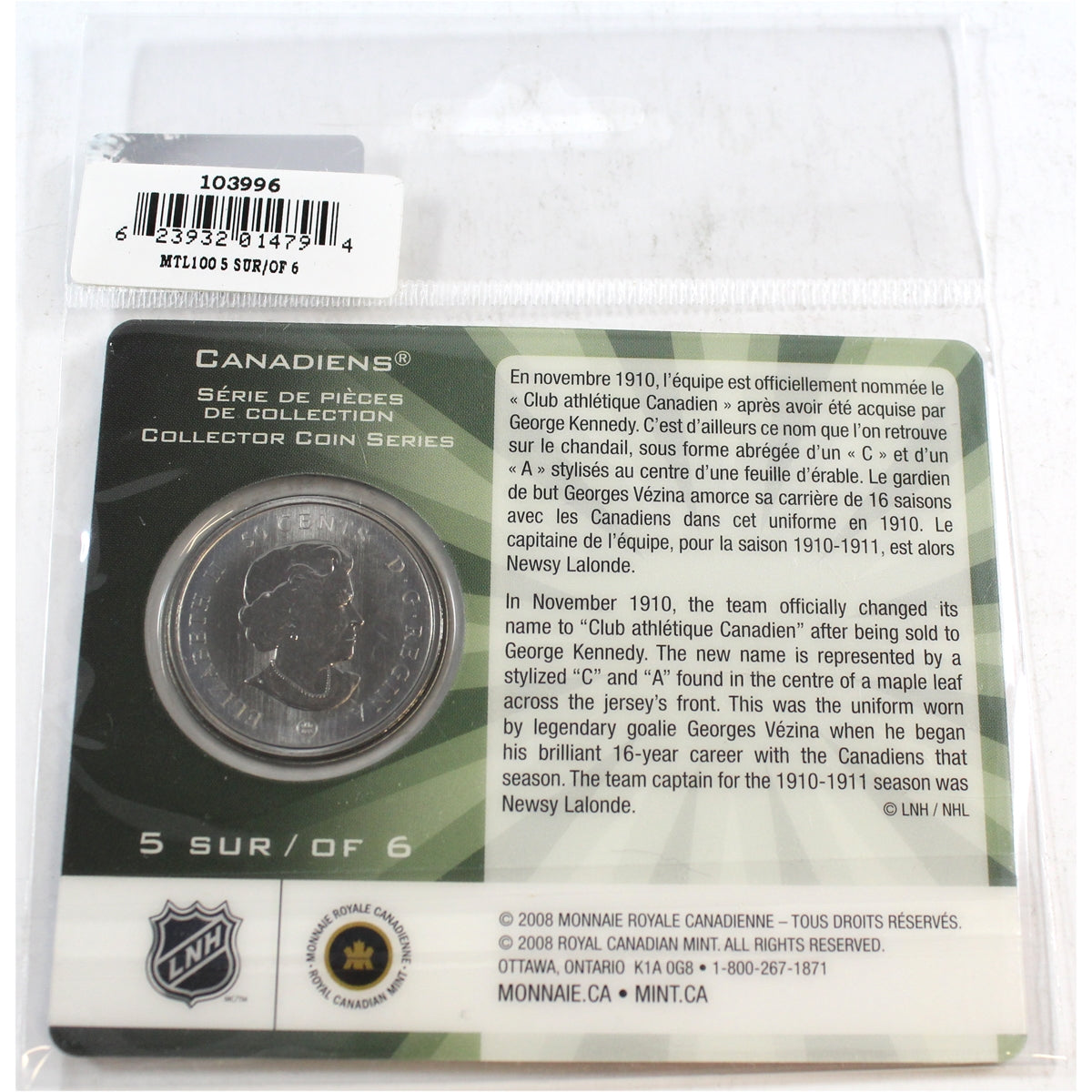2009 Canada 50-cents Montreal Canadiens Jersey Coin in Card (1910-1911) #5 of 6