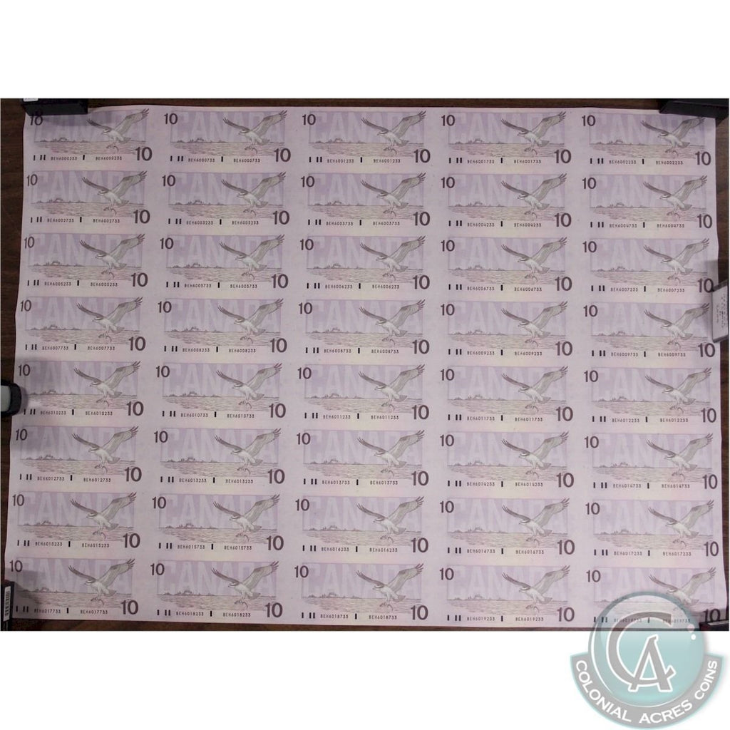 BC-57c 1989 Canada $10 Uncut Sheet of 40 Notes K-T BEH, 5 x 8 Format - Very Scarce!