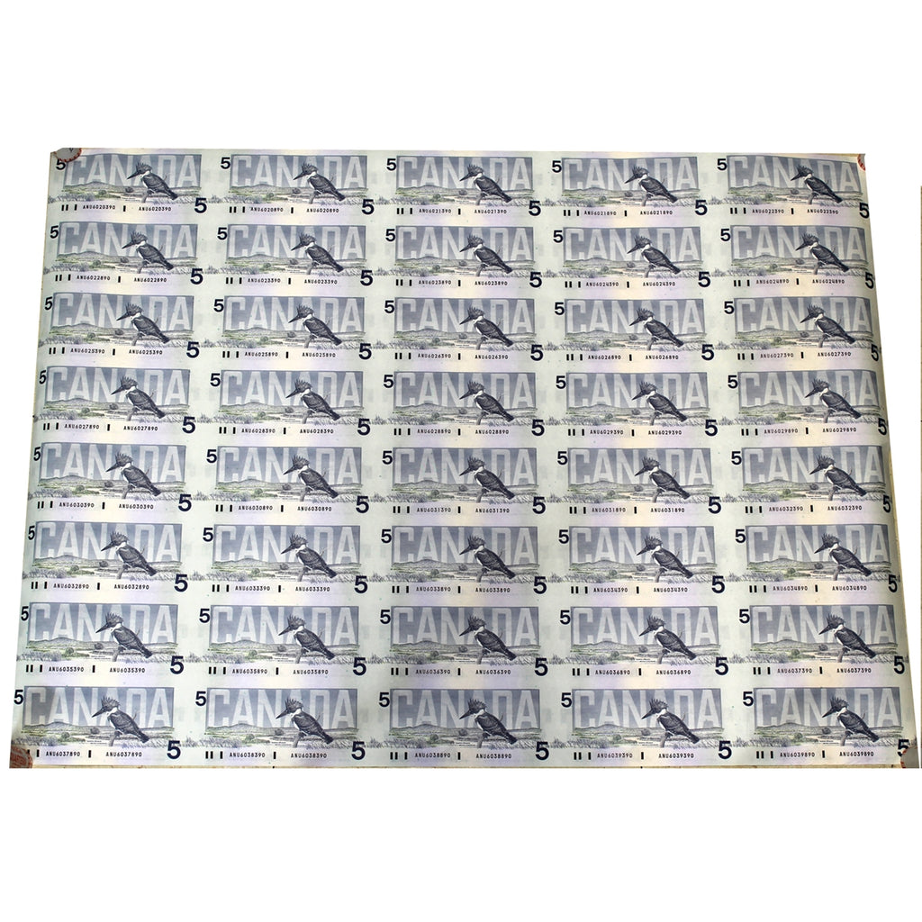 1986 Canada $5 Uncut Sheet of 40 Notes ANU prefix, 5x8 Format - Very Scarce!