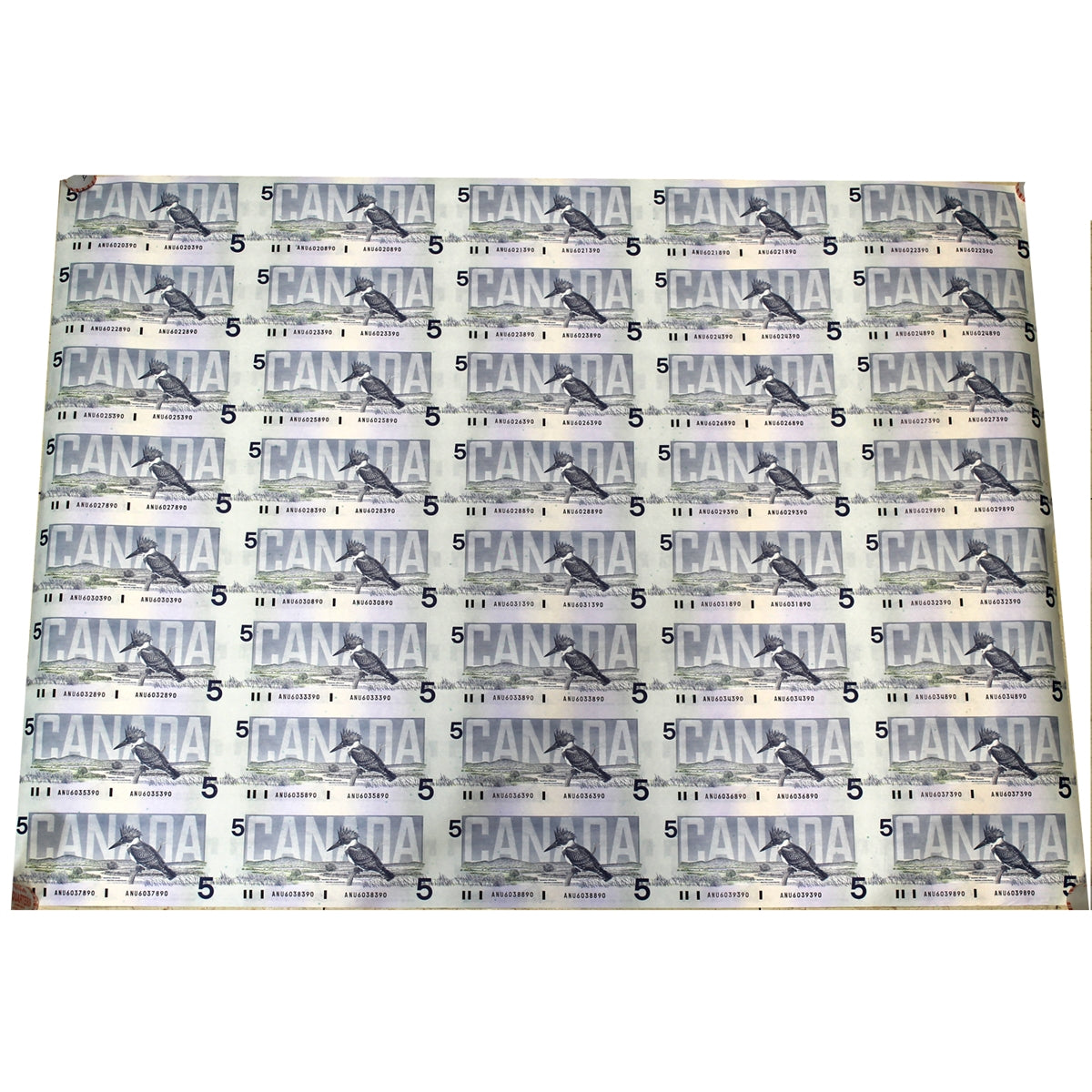 1986 Canada $5 Uncut Sheet of 40 Notes ANU prefix, 5x8 Format - Very Scarce!