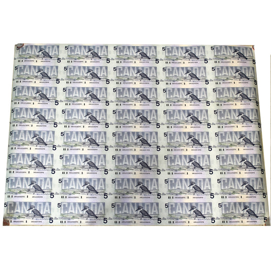 1986 Canada $5 Uncut Sheet of 40 Notes ANU prefix, 5x8 Format - Very Scarce!