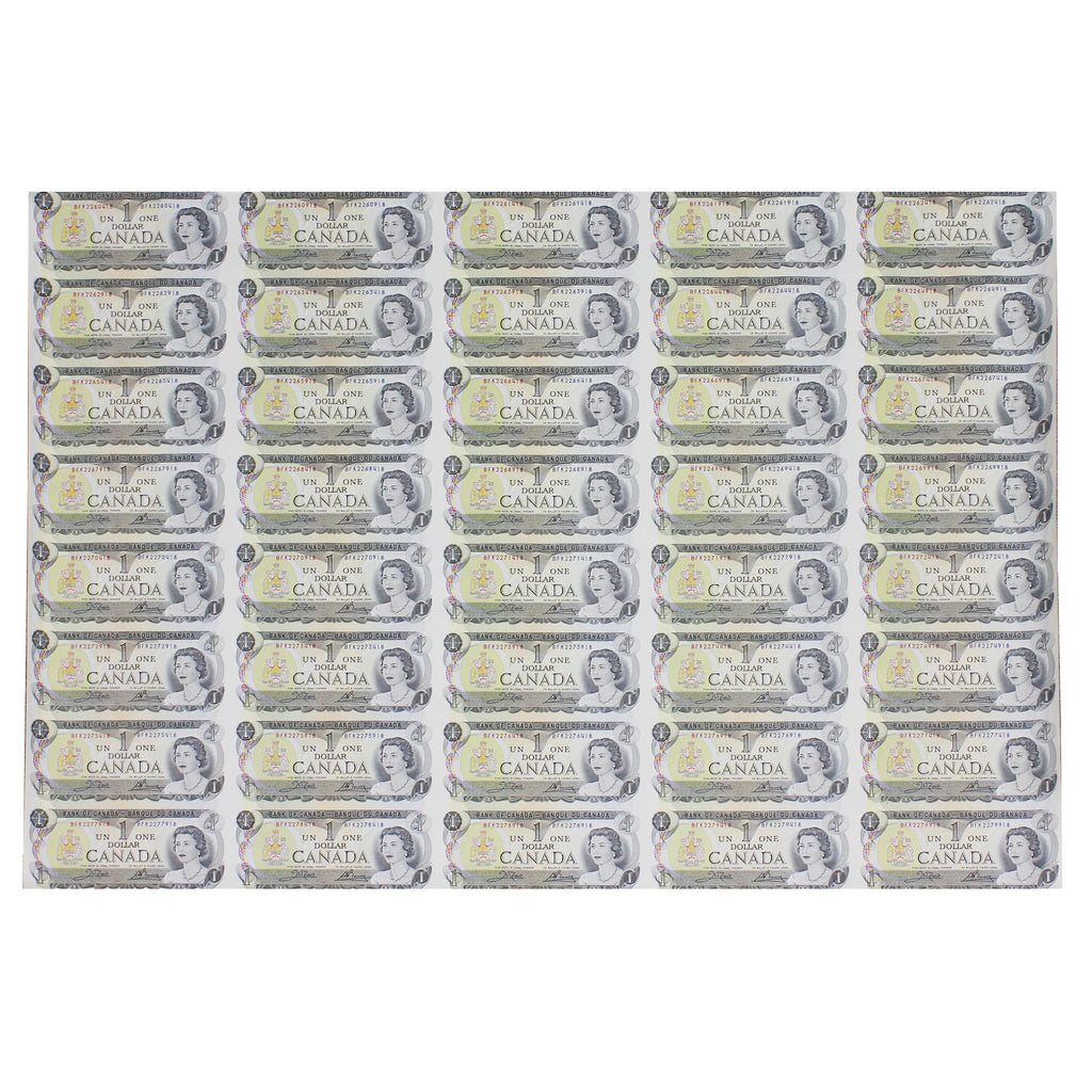1973 Canada $1 BFK Prefix Uncut Sheet of 40 Notes - 5x8 Format