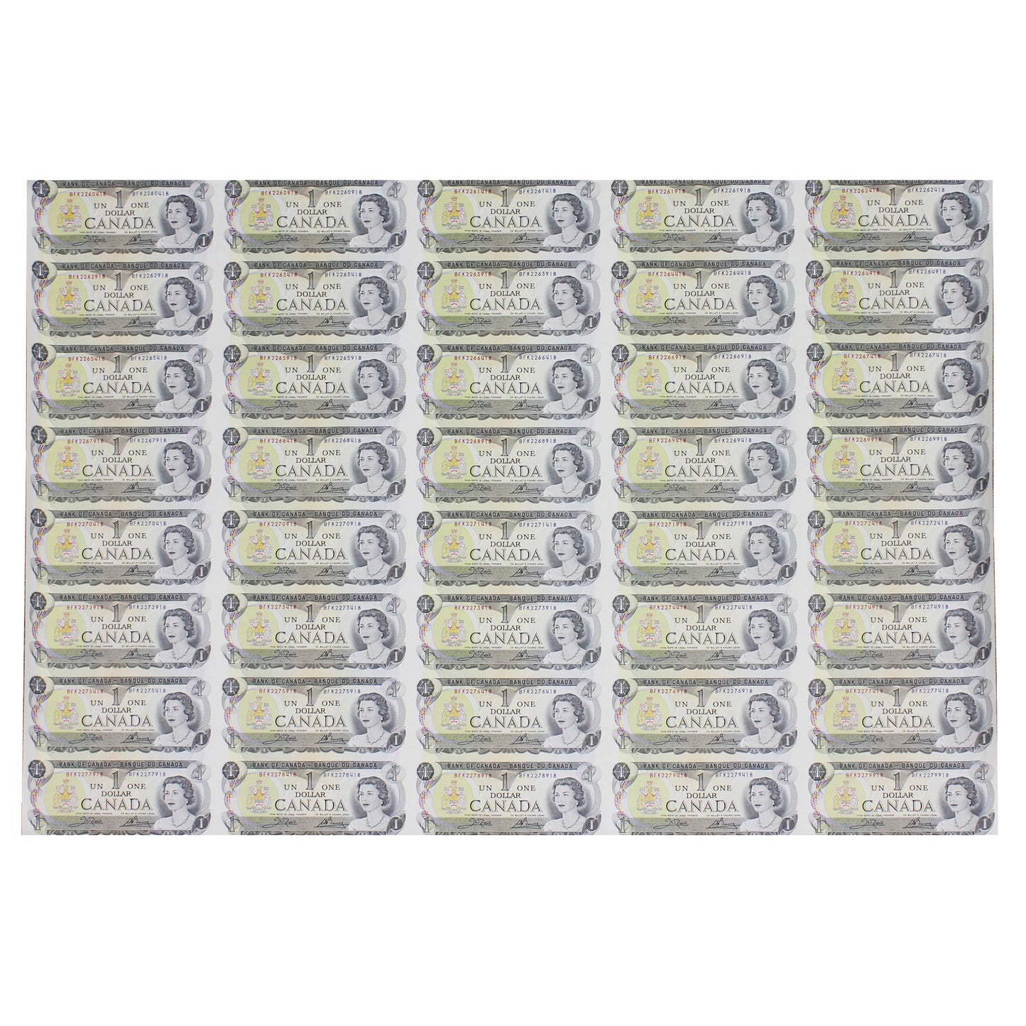 1973 Canada $1 BFK Prefix Uncut Sheet of 40 Notes - 5x8 Format
