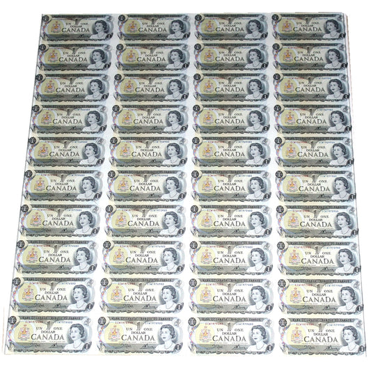 1973 Canada $1 ECP Prefix Uncut Sheet of 40 Notes - 4x10 Format